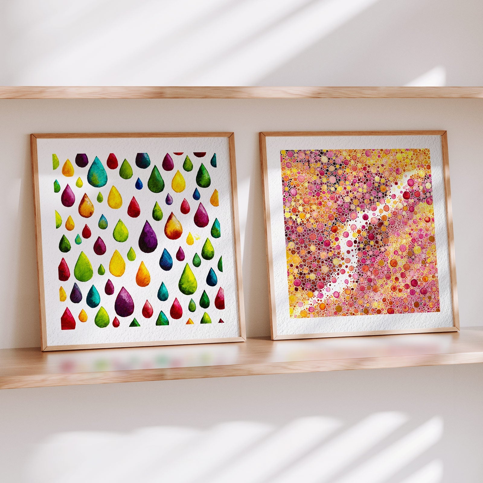 Prima Materia by Léna Ruisz – an abstract watercolour of layered colour and fine dots on paper white, the hero of the Materia collection, shown as a giclée fine art print.