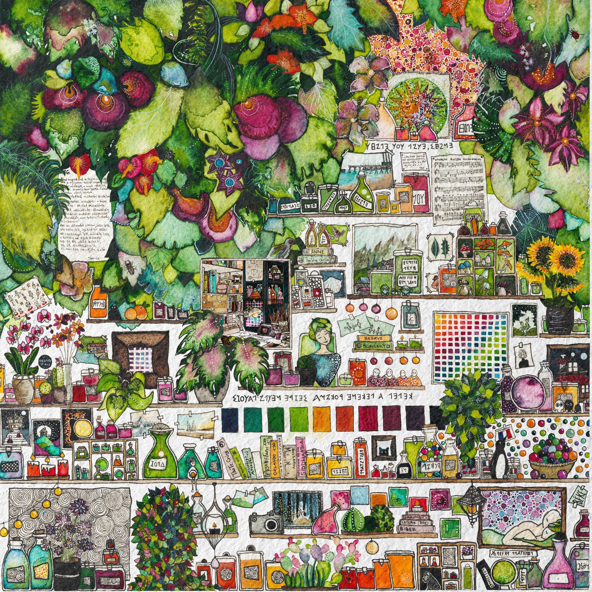 Green Cabinet by Léna Ruisz – a maximalist watercolour cabinet of green botanical bottles, plants and miniature painted objects on dark shelves, a giclée fine art print.
