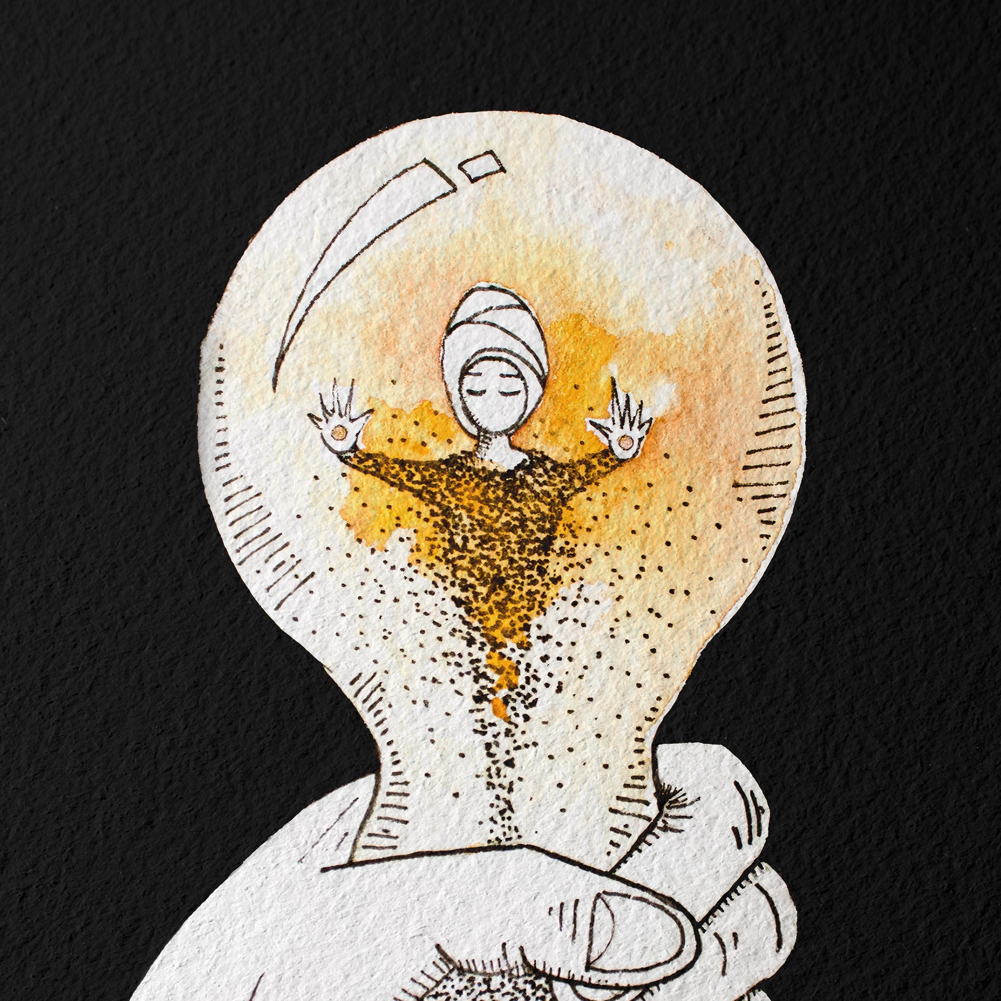 Held by Léna Ruisz — watercolour painting of a hand holding a glowing light bulb against black, a small figure with closed eyes and open arms inside, her body dissolving into dots. Giclée fine art print on Hahnemühle German Etching paper.