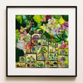 Watercolour: a bright fresh-green world of mushrooms, leaves, insects and tiny forest folk, seen as if from inside the undergrowth. After Rain, a whimsical woodland mushroom fine art print.
