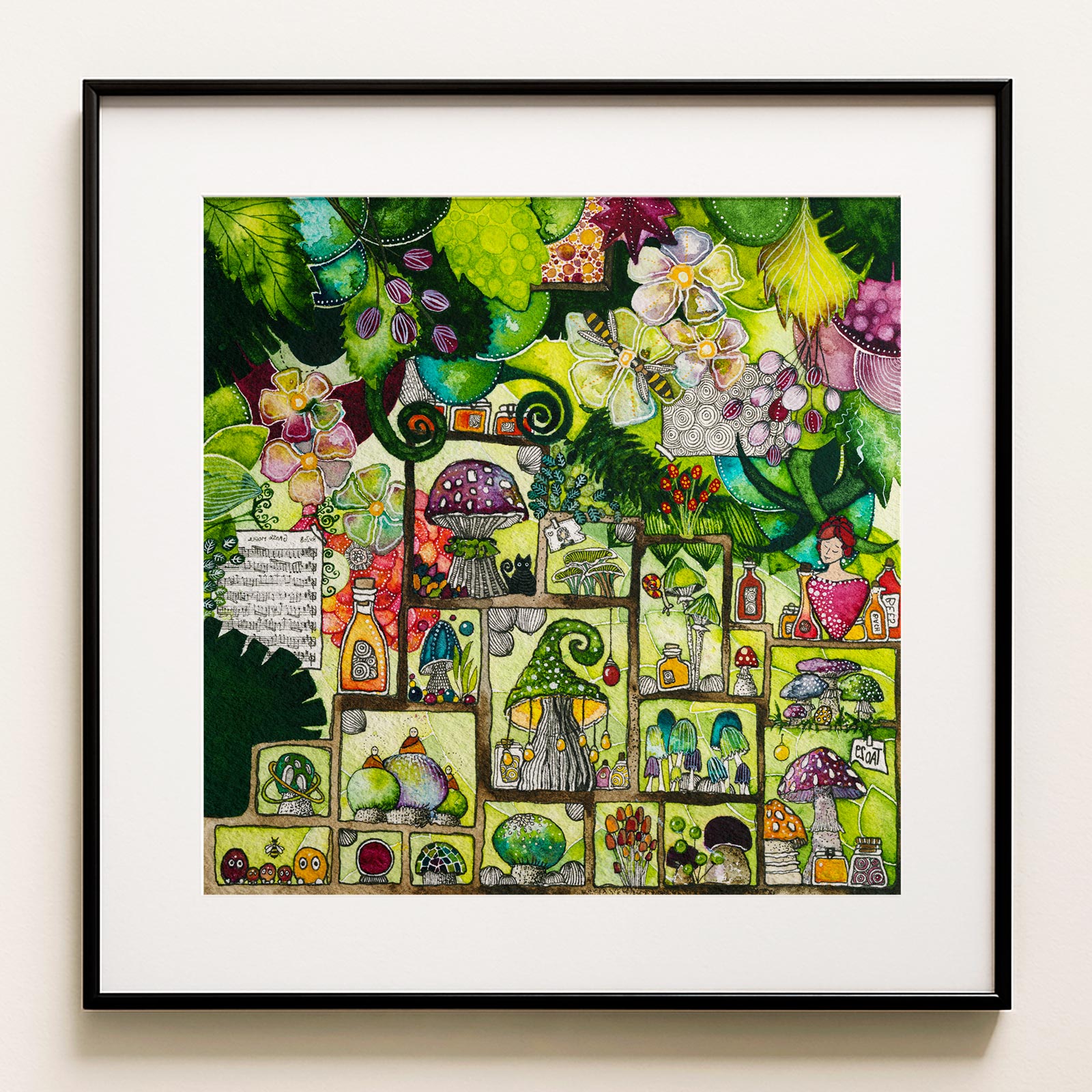 Watercolour: a bright fresh-green world of mushrooms, leaves, insects and tiny forest folk, seen as if from inside the undergrowth. After Rain, a whimsical woodland mushroom fine art print.

