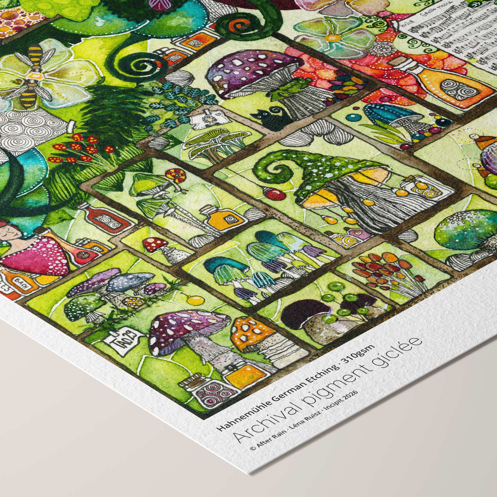 Corner of the After Rain fine art print on Hahnemühle German Etching paper, vivid green compartments of mushrooms and flowers with a seated figure, angled to show paper texture and printed credentials.