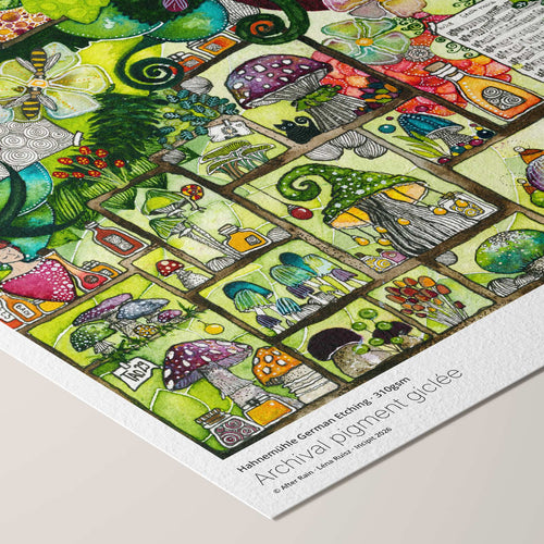 Corner of the After Rain fine art print on Hahnemühle German Etching paper, vivid green compartments of mushrooms and flowers with a seated figure, angled to show paper texture and printed credentials.