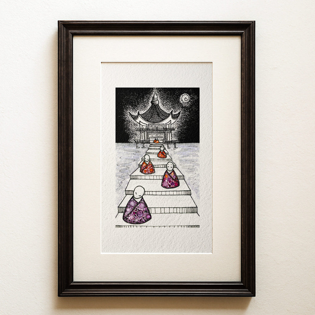 Watercolour and ink on black: monks in coloured robes on the steps of a temple at night, each at a different stage of awakening. Before the Bell, a zen fine art print.