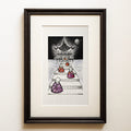 Watercolour and ink on black: monks in coloured robes on the steps of a temple at night, each at a different stage of awakening. Before the Bell, a zen fine art print.