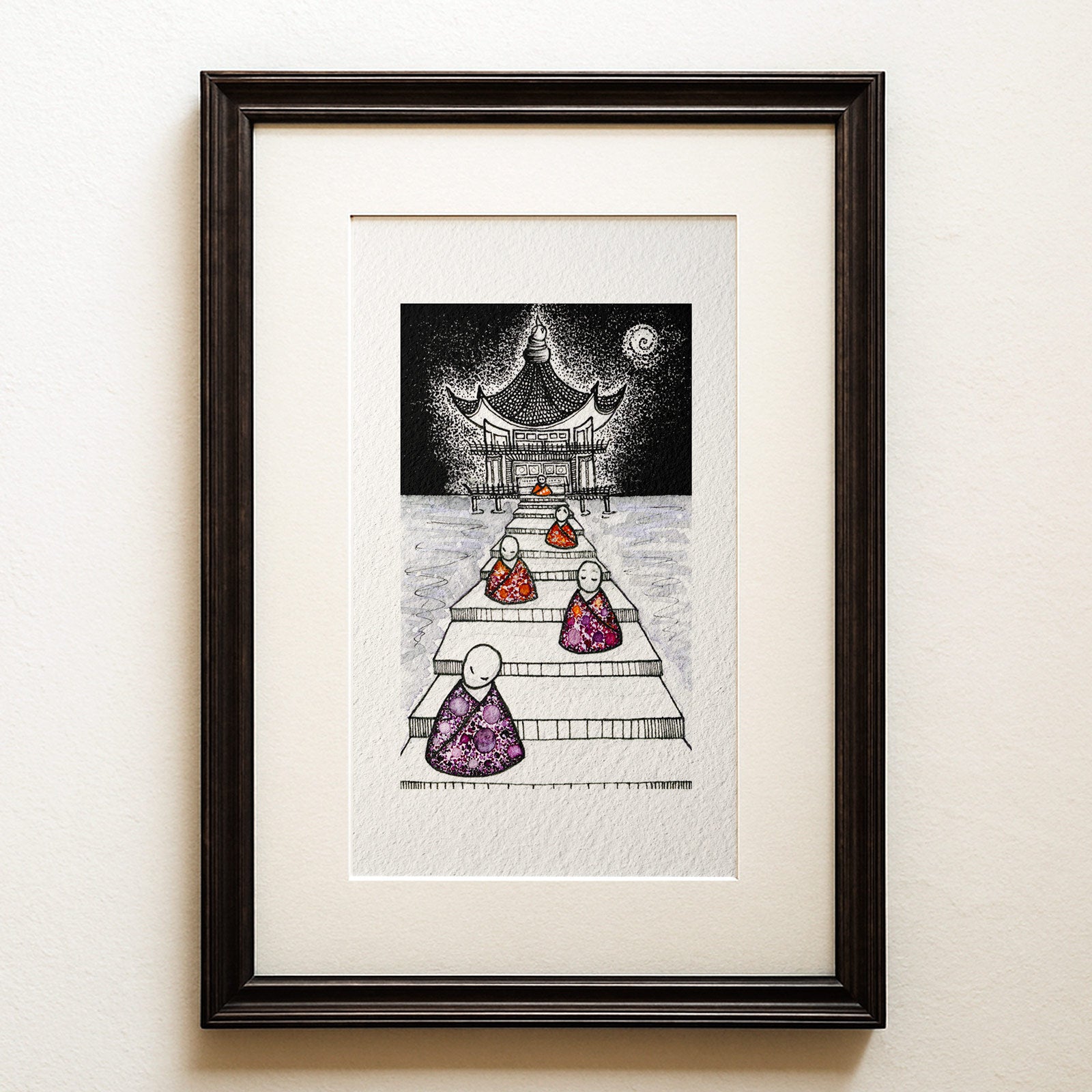 Watercolour and ink on black: monks in coloured robes on the steps of a temple at night, each at a different stage of awakening. Before the Bell, a zen fine art print.