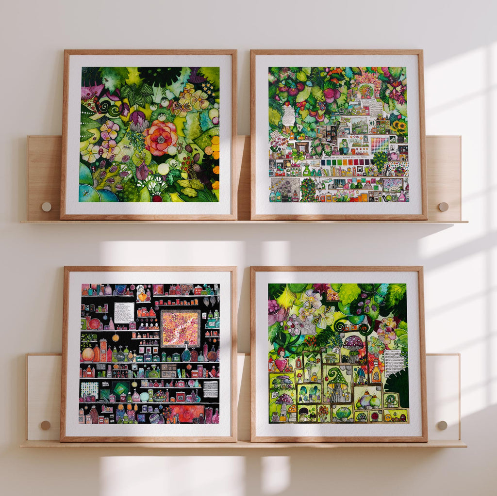 Four framed Cabinet of Small Worlds fine art prints on wooden ledges in soft daylight: Green Lush and Green Cabinet above, Invictus and After Rain below, each a densely detailed watercolour world of plants, specimens and tiny painted scenes.