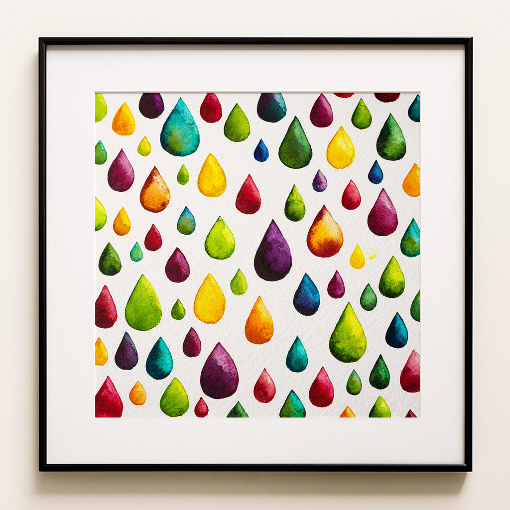 Watercolour: teardrops of many colours scattered and falling across open white, weightless and free. Flow, a meditative colour field fine art print.
