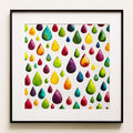 Watercolour: teardrops of many colours scattered and falling across open white, weightless and free. Flow, a meditative colour field fine art print.
