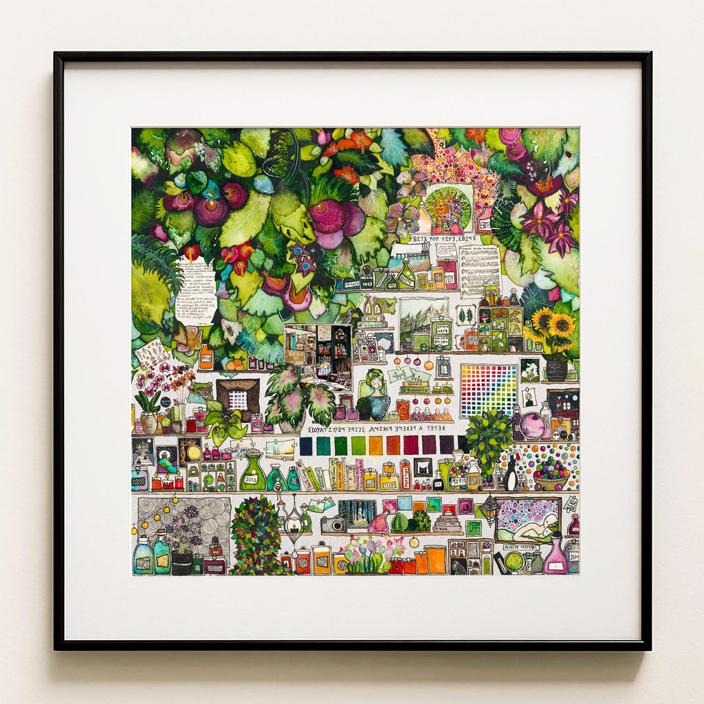 Watercolour and ink: a pale cabinet of shelves, bottles and tiny framed paintings, with lush green nature overtaking the top. Green Cabinet, a maximalist botanical fine art print.
