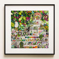 Watercolour and ink: a pale cabinet of shelves, bottles and tiny framed paintings, with lush green nature overtaking the top. Green Cabinet, a maximalist botanical fine art print.

