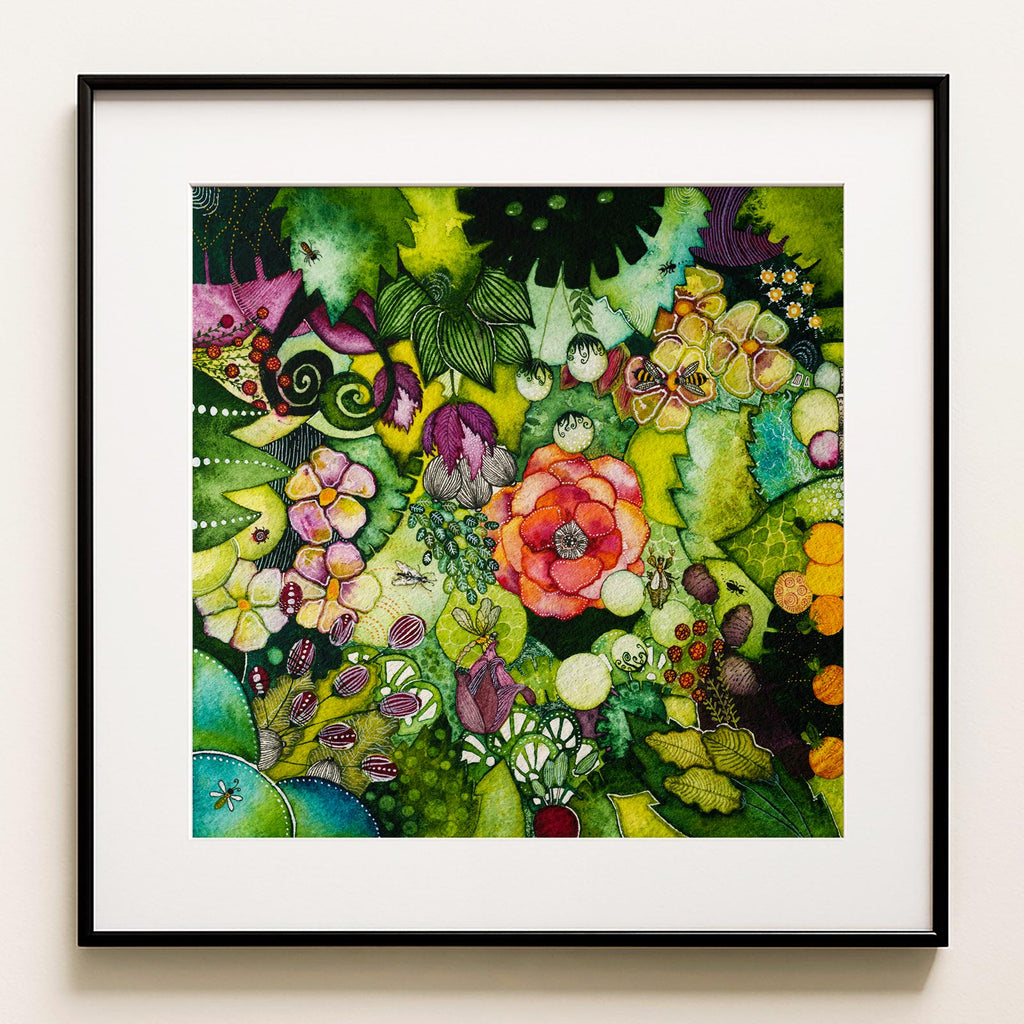 Watercolour: a dense green garden in bloom, leaves, flowers and tiny insects, a single warm peach-red rose at the centre. Green Lush, a lush green botanical fine art print.
