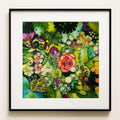 Watercolour: a dense green garden in bloom, leaves, flowers and tiny insects, a single warm peach-red rose at the centre. Green Lush, a lush green botanical fine art print.
