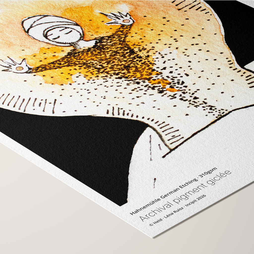 Corner of the Held fine art print on Hahnemühle German Etching paper, cupped hands holding a glowing orb where a figure dissolves into falling particles, angled to show printed paper credentials.