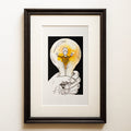 Watercolour and ink on black: a serene closed-eyed figure inside a glowing bulb, dissolving into a stream of falling light. Held, a surreal light fine art print.
