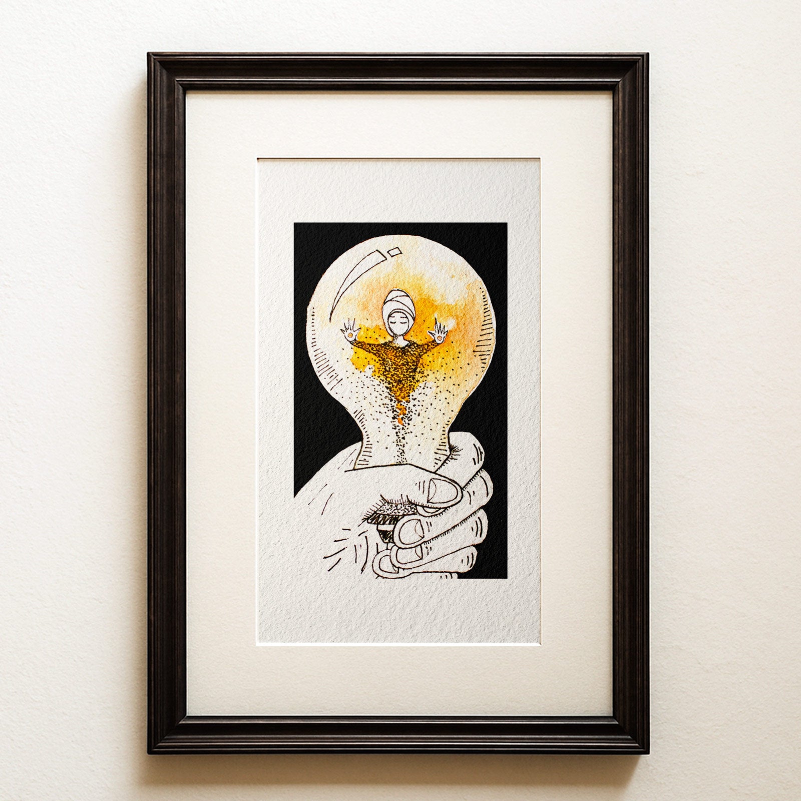 Watercolour and ink on black: a serene closed-eyed figure inside a glowing bulb, dissolving into a stream of falling light. Held, a surreal light fine art print.
