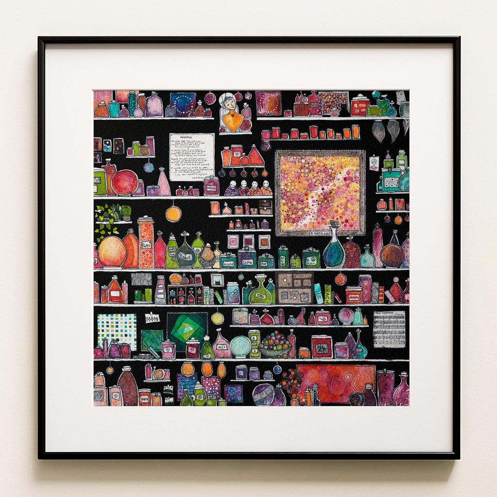 Watercolour and ink on black: a dense square cabinet of shelves packed with colourful bottles, tiny framed paintings and small objects. Invictus, a maximalist fine art print.
