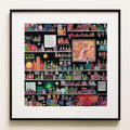 Watercolour and ink on black: a dense square cabinet of shelves packed with colourful bottles, tiny framed paintings and small objects. Invictus, a maximalist fine art print.
