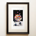 Watercolour and ink on black: a grey bowl mended with gold seams, overflowing with colourful glossy spheres, grey spheres beside it. Kintsugi, a healing fine art print.