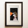 Watercolour and ink on black: a girl with curly hair holding a camera that casts a warm starry beam of light into the dark. Making Light, a luminous narrative fine art print.