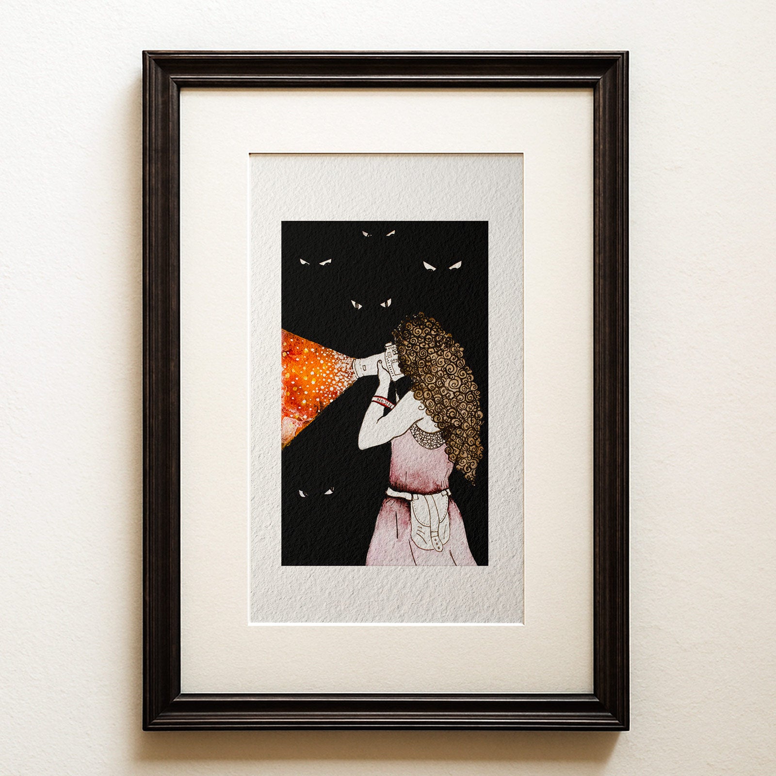 Watercolour and ink on black: a girl with curly hair holding a camera that casts a warm starry beam of light into the dark. Making Light, a luminous narrative fine art print.