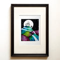 Watercolour and ink on black: two figures on a terrace by a lit house under a full moon, quilted hills and pale roads forking down below. Our Life Pictured fine art print.
