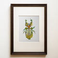 Watercolour painting of a winged green leaf insect on a white ground, contemporary entomology wall art, Phyllium imaginarium fine art print.

