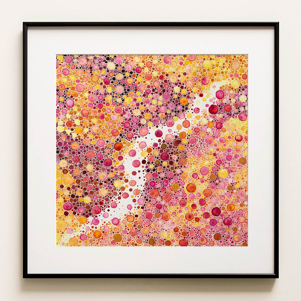 Watercolour: a dense field of thousands of small hand-dropped colour dots in warm pinks and golds, a river of bare paper winding through. Prima Materia, a colourful abstract watercolour fine art print.
