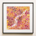 Watercolour: a dense field of thousands of small hand-dropped colour dots in warm pinks and golds, a river of bare paper winding through. Prima Materia, a colourful abstract watercolour fine art print.
