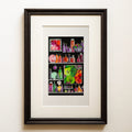 Watercolour and ink on black: a calm closed-eyed sorceress among shelves of glowing glass bottles. Sorceress' Cabinet, a cabinet-of-curiosities fine art print.