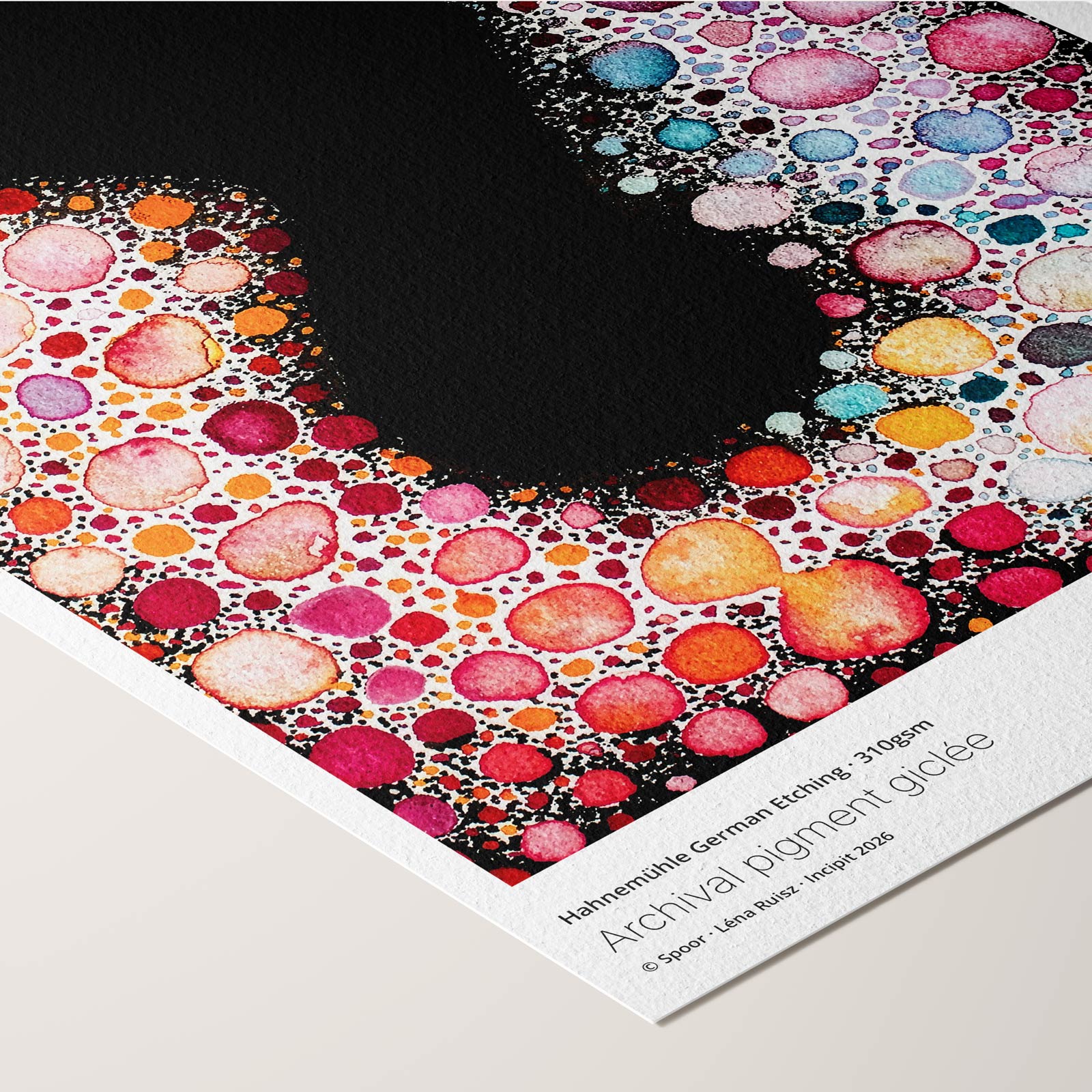 Corner of the Spoor fine art print on textured Hahnemühle German Etching paper, a footprint formed as dark negative space within a dense field of colourful watercolour dots, with printed paper credentials, by Léna Ruisz.