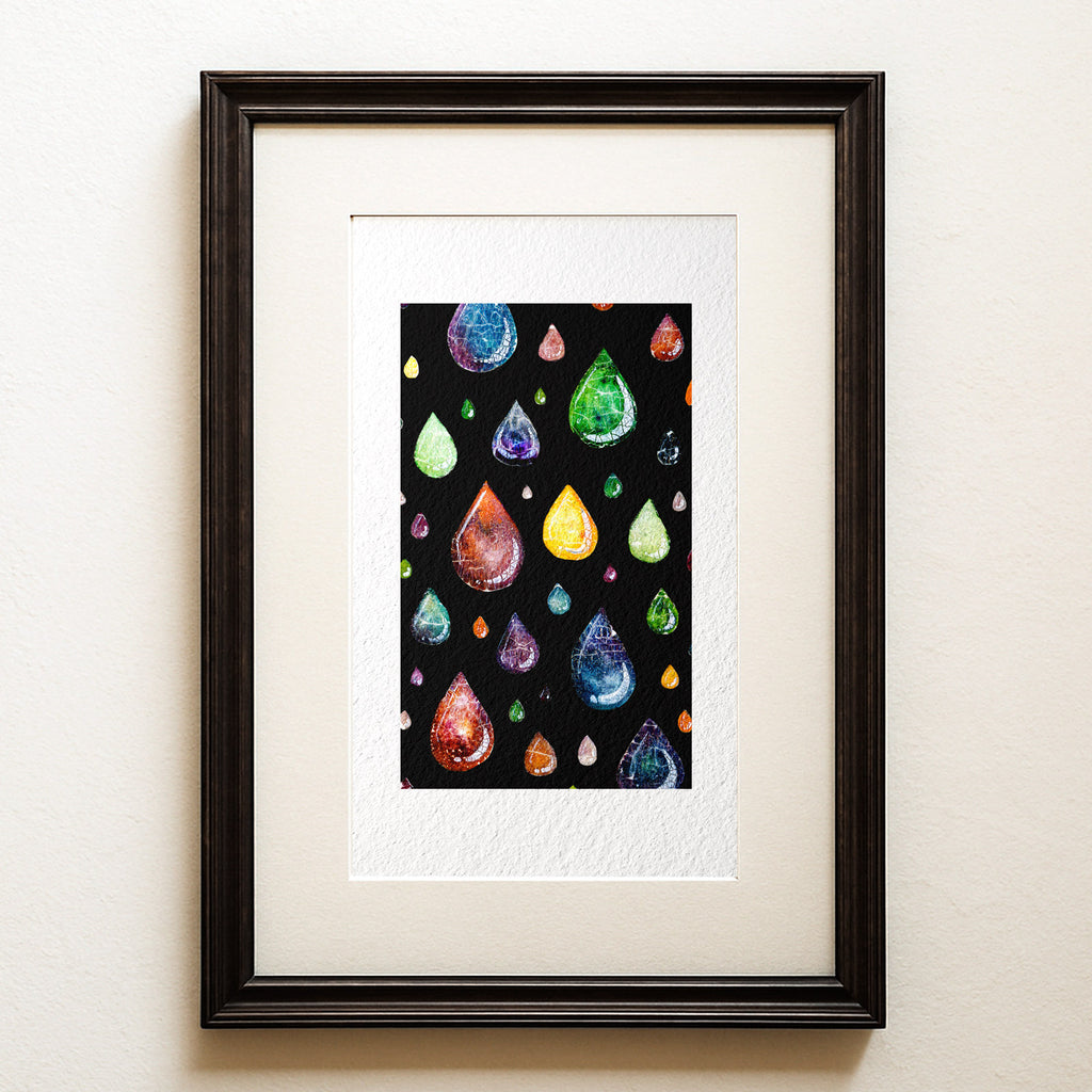 Watercolour and ink on black: colourful crackled-glass drops falling through the dark. Still Falling, an abstract remembrance fine art print.