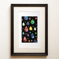 Watercolour and ink on black: colourful crackled-glass drops falling through the dark. Still Falling, an abstract remembrance fine art print.