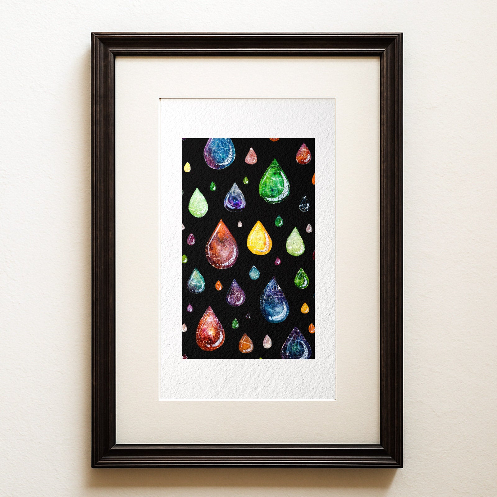 Watercolour and ink on black: colourful crackled-glass drops falling through the dark. Still Falling, an abstract remembrance fine art print.