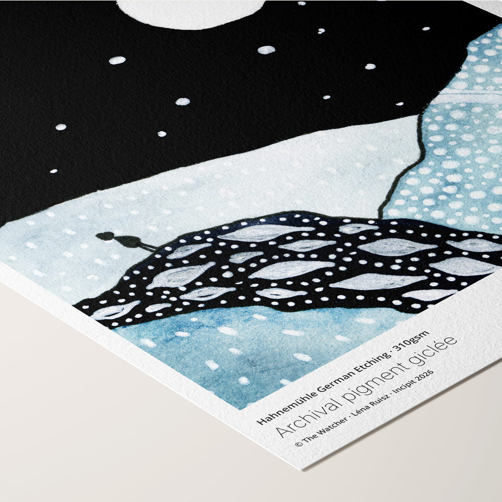 Corner of The Watcher fine art print on Hahnemühle German Etching paper, a lone figure on a rocky outcrop beneath a full moon and starry sky, angled to show paper texture and printed credentials.