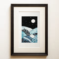Watercolour and ink on black: a small figure on a cliff under a huge moon, the patterned landscape below in blues and silvers. The Watcher, a moonlit landscape fine art print.