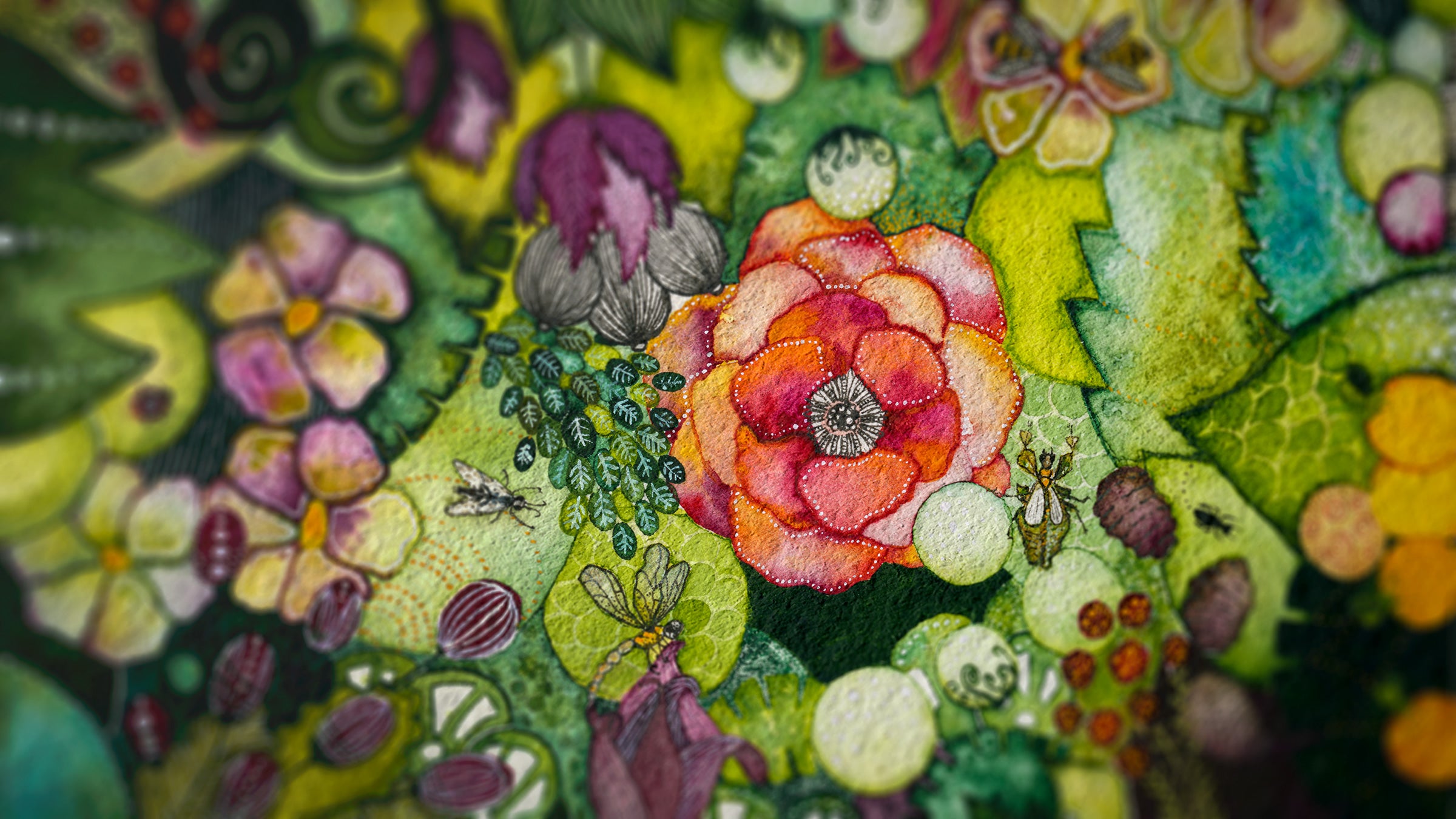 Detail of Green Lush, a maximalist watercolour by Léna Ruisz, dense green foliage with a peach-red rose.